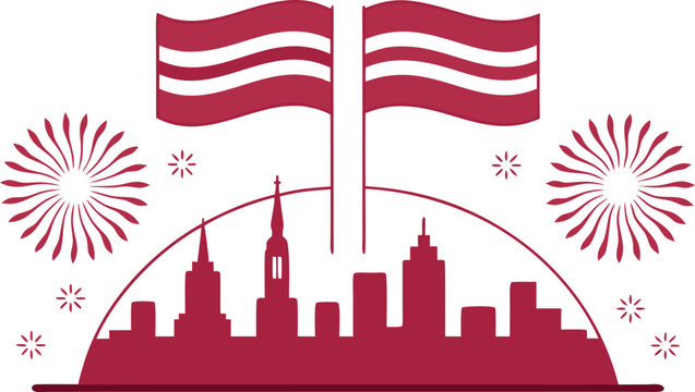 Proclamation day in latvia, city skyline with flags and fireworks