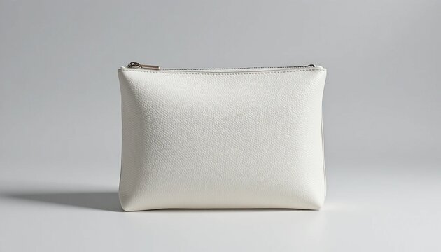 Light colored fabric clutch with zipper closure and metallic pull minimalist square design on plain white background highlighting simplicity functionality modern accessory organization studio shot