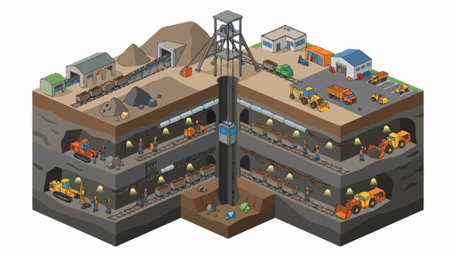 Cross section of a coal mine showing underground tunnels and equipment.