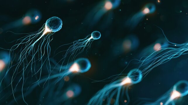 Sperm cells are magnified showing detailed structures of acrosomes and flagella for educational biology. Dark background enhances scientific features.