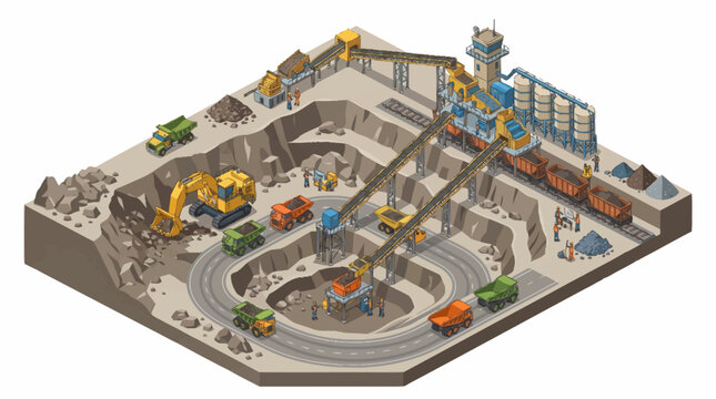 Open Pit Mine With Heavy Machinery And Infrastructure.