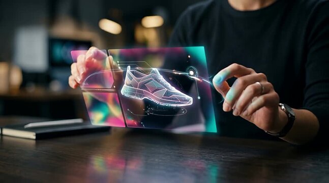 GenAI creative director using holographic interface to design futuristic 3D shoe concept in premium studio, AI-powered product visualization and innovation workflow