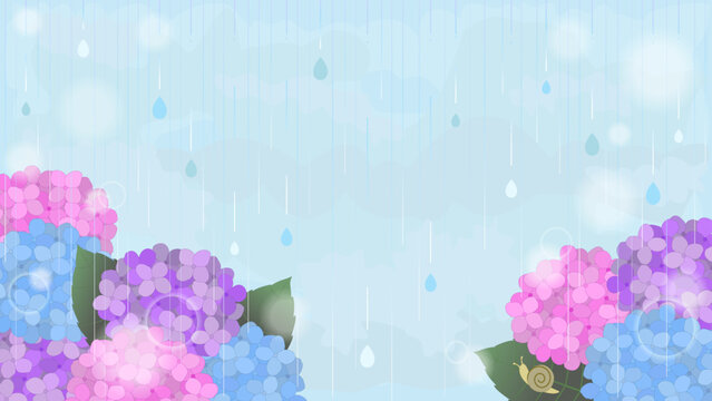 パステルカラーのあじさいと雨の雫のベクター背景　コピースペース付き／Hydrangea Flowers and Snail with Rain Drops, Girly Pastel Vector Illustration