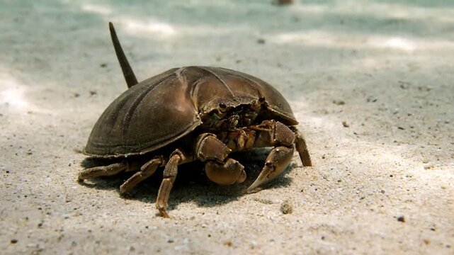 Close-up of a Horseshoe Crab Moving its Pincers on a Sandy Seabed, Underwater Footage of Marine Life.