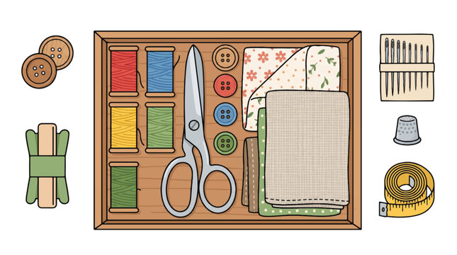 Flat Vector Illustration of a Wooden Sewing Kit Organizer with Thread Spools, Scissors, Fabric, and Tailoring Tools