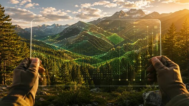 AI carbon mapping on a transparent AR glass tablet displaying holographic data over a lush pine forest at golden hour, perfect for climate tech and environmental sustainability concepts