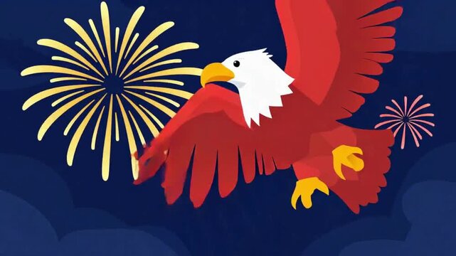  "4TH OF JULY" text centered with the Statue of Liberty, a bald eagle, fireworks, and patriotic bunting banners. 