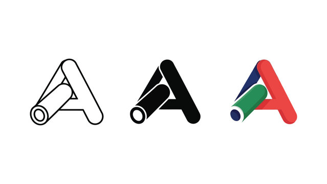 Letter A logo design in line art solid black and colorful isometric vector styles