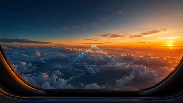 Futuristic aircraft cockpit POV flying over clouds at sunset, featuring a glowing cyan AI HUD overlay with a 3D geometric navigation tunnel for next-gen aviation concepts