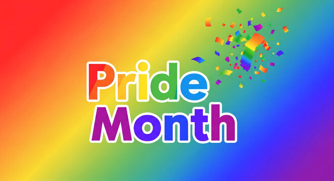 Colorful confetti cascades over a rainbow gradient background with "Pride Month" text, symbolizing celebration, identity, and inclusivity for LGBTQ+ pride.