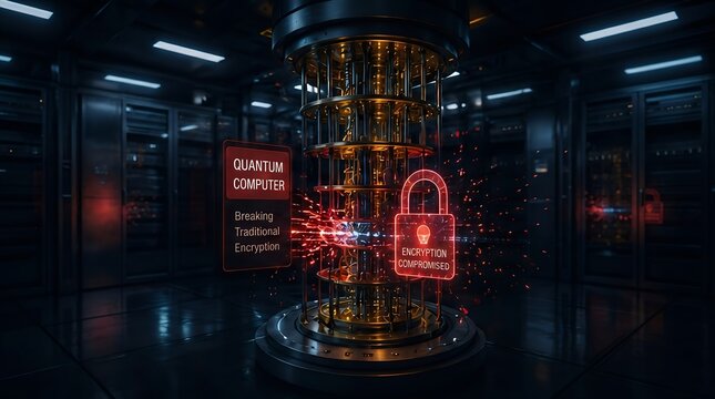 Quantum Computing Threat to Modern Encryption and Cybersecurity Infrastructure Concept