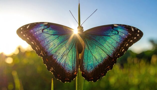 Stunning Blue Morpho Butterfly Wings Illuminated by Golden Sunlight.