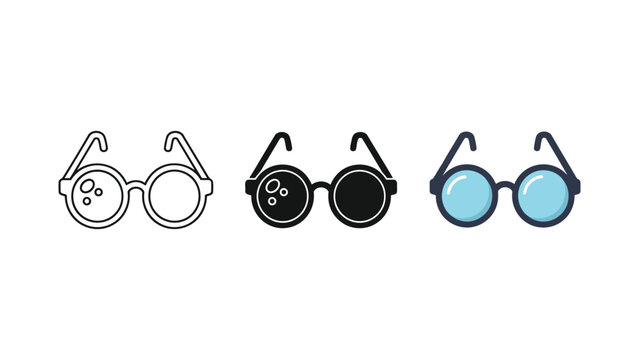 Set of round spectacles in line art, silhouette, and flat color vector styles