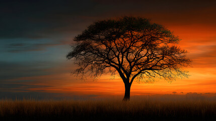 Fototapeta premium Tree silhouette placed off center in wide minimal landscape 