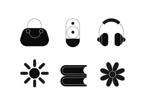 six minimalist icons depicting handbag speaker headphones sun books and flower
