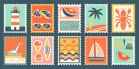 vintage travel stamps collection summer vacation themed illustrations © Rupa