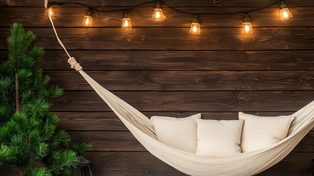 Peaceful rustic outdoor space with hammock, old timber, and lantern lights