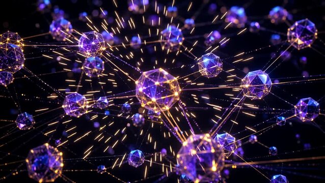 Decentralized edge computing network with glowing geometric nodes and fiber-optic data transmission lines in dark space, ideal for artificial intelligence and cloud technology backgrounds