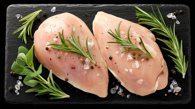Raw chicken breasts seasoned with salt, peppercorns and fresh rosemary on slate