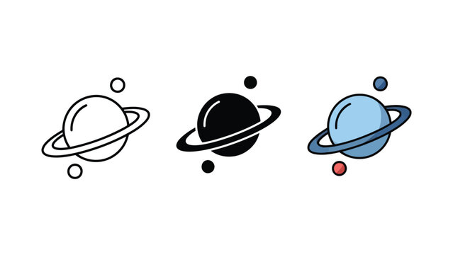 Set of three planet icons with rings in line art flat and colored vector styles