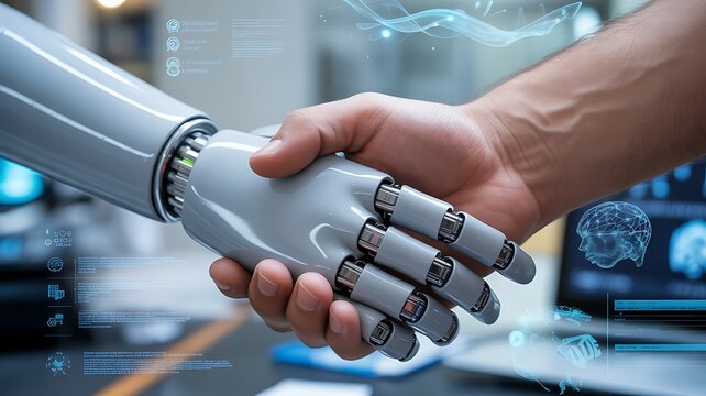 Handshake of robot and human, AI, Machine learning, AI adoption for working to Assistant of business, Data digital Transformation, Science and artificial intelligence technology for futuristic.