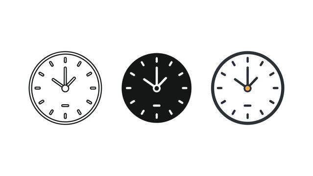 Set of three minimalist clock icons in line art and flat vector style