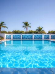 Obraz premium Empty, tiled swimming pool gleams with iridescent water, reflecting the clear sky above , bright, modern