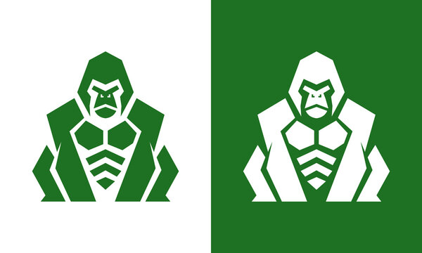 A stylized, geometric illustration of a gorillas upper body is shown in two versions: one in green on a white background, and the other in white on a green background. The design features sharp lines 