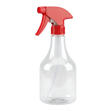 Empty red spray bottle on clear surface