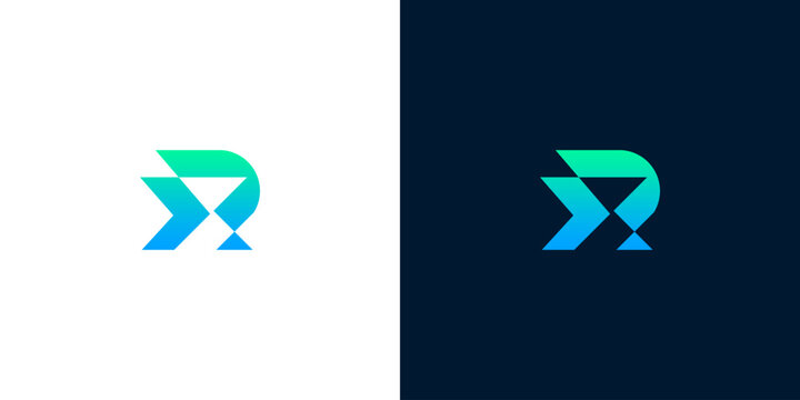 Modern abstract D letter logo design, geometric and futuristic shape with gradient colors on white and dark background