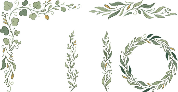 Elegant botanical frame collection with vintage green leaf wreath corner border dividers and hand drawn floral vine vector elements