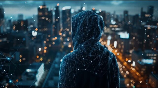Hacker are planning to hack and attack networks and cyber security systems and stands on the peak of success amid tall, innovative Smart city and graphs with statistics to analyze business potential