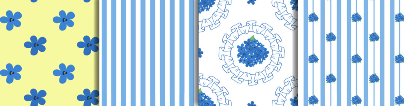 Mediterranean Pattern set with blue flowers, vertical stripes, Whimsical ruffle floral motifs, coquette lace in Grandma style. Soft summer colors for textile, fabric, packaging