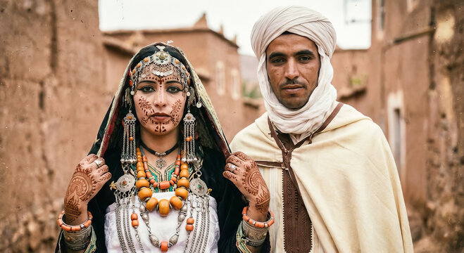 Traditional couple in ornate cultural clothing looking at camera with copyspace, travel or heritage agency
