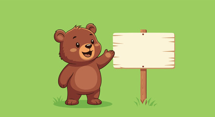 Fototapeta premium Friendly brown bear standing on grass and pointing towards a blank wooden sign for messages and advertisements in nature.