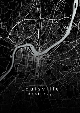 Louisville Kentucky city map &ndash; minimalist black and white street vector illustration with Ohio River for poster, wall art and urban design