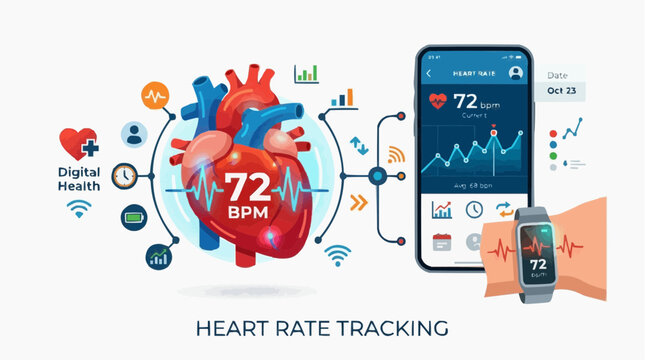 2D FLAT VECTOR Digital heart health monitoring with wearable technology and smartphone app Vector