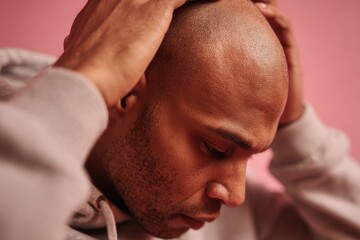 Naklejka premium Intimate closeup of a half-bald man taking off a wig in a casual hoodie with a soft pink backdrop
