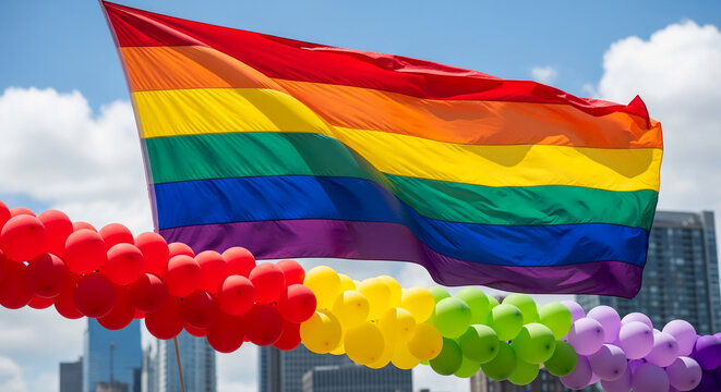 Waving rainbow flag and colorful balloons against a blue sky, symbolizing pride, diversity, and celebration, perfect for LGBTQ+ events.