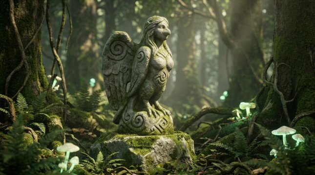 Old stone figurine of a mythological woman bird creature in nature, Alkonost inspired pagan folklore concept with mystical forest atmosphere, weathered sculpture and magical symbolism, soft natural