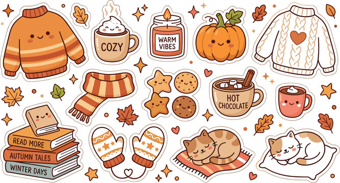 Cute Kawaii Autumn Cozy Sticker Set with Pumpkin Sweaters Cats Coffee Mug Warm Candle Books and Mittens Vector Illustration for Fall Graphic Design