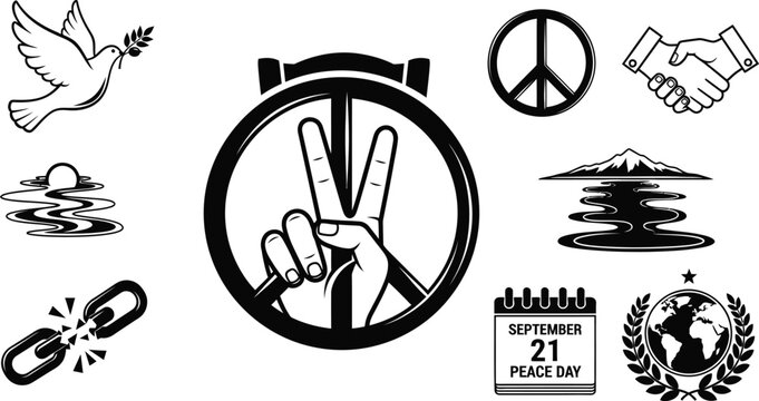 Black and white peace symbols, and including hands making peace signs, doves, and globes handshake