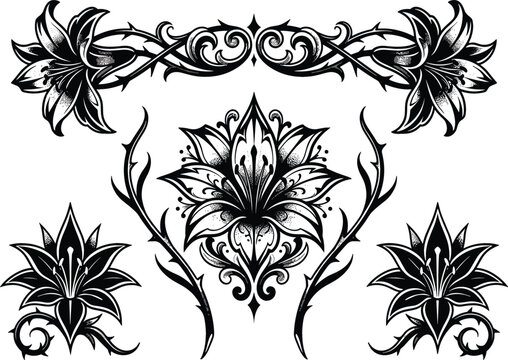 Gothic black lily tattoo design set with dark floral ornaments and thorny vines isolated on white background vector illustration