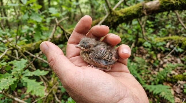 Newborn wild chick in a human palm, tiny baby bird with incomplete plumage protected by caring hands, wildlife rescue and nesting season conservation concept, soft natural light, realistic detail and