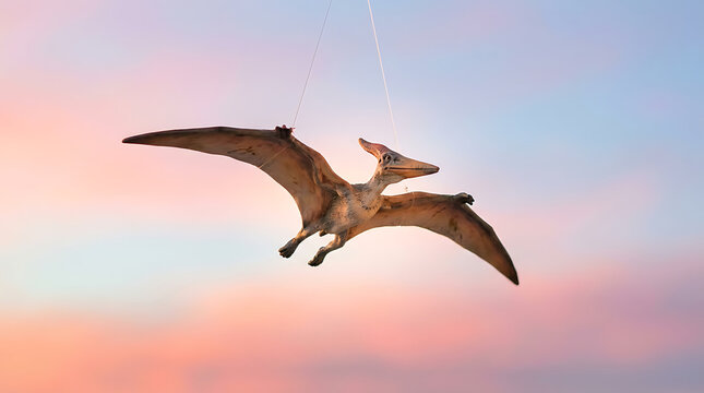 Detailed model of a flying pterodactyl suspended against a colorful twilight sky