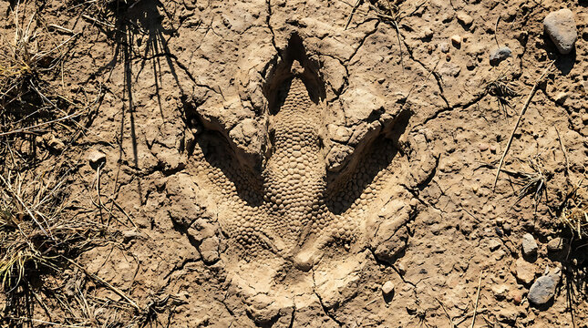 Detailed dinosaur footprint impressed in cracked, dried mud, showcasing ancient life and prehistoric evidence