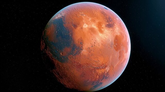 Mars, the red planet, floats against a starry backdrop, displaying its rugged terrain, craters, and vast expanses of iron oxide rich soil, symbolizing cosmic research and humanity's future in space