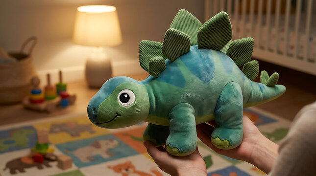 Soft green and blue stegosaurus plush toy held gently in hands, perfect for children's playtime