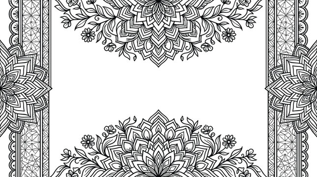 Intricate floral mandala border frame background with bohemian linework lace pattern for adult coloring book page invitation design