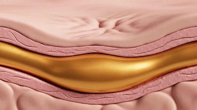 3D Illustration of Human Skin Layers Featuring a Golden Capsule Representing Nutrients or Supplements in a Medical and Wellness Context
